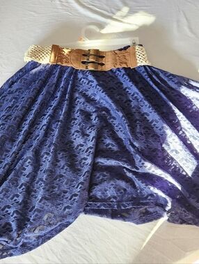 No Boundaries Navy Lace Skater Skirt with Tan Belt